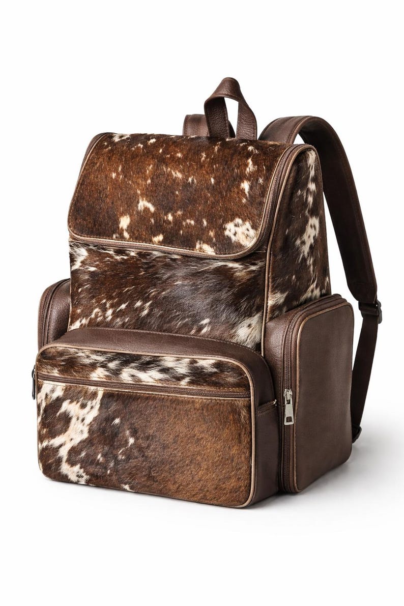 Handmade Genuine Cowhide Backpack | Brown & White Spotted Leather Backpack | Large Western Rucksack with Pockets. image 3