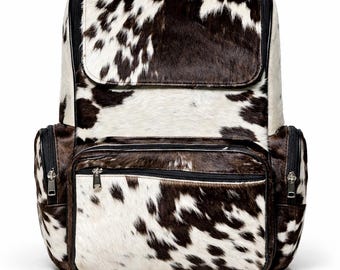 Handmade Genuine Cowhide Backpack | Black & White Spotted Leather Backpack | Large Western Rucksack with Pockets.