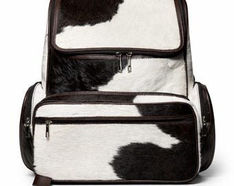 Handmade Genuine Cowhide Backpack | Brown & White Spotted Leather Backpack | Large Western Rucksack with Pockets.