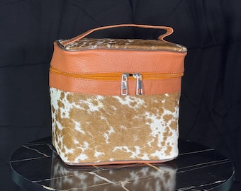 Handmade Cowhide Makeup Bag, Cosmetic Bag | Tan & White Leather Western Style Vanity Box