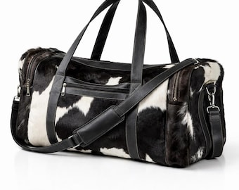 Black White Cowhide Duffle Bag | Genuine Leather Western Travel Weekender (22 Inch)