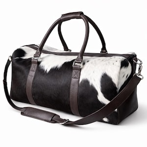 HairOn Cowhide Brown and white Duffle Bag | Handmade Leather Weekender