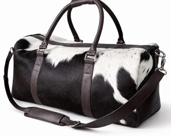 HairOn Cowhide Brown and white Duffle Bag | Handmade Leather Weekender