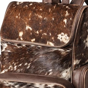 Handmade Genuine Cowhide Backpack | Brown & White Spotted Leather Backpack | Large Western Rucksack with Pockets. image 5