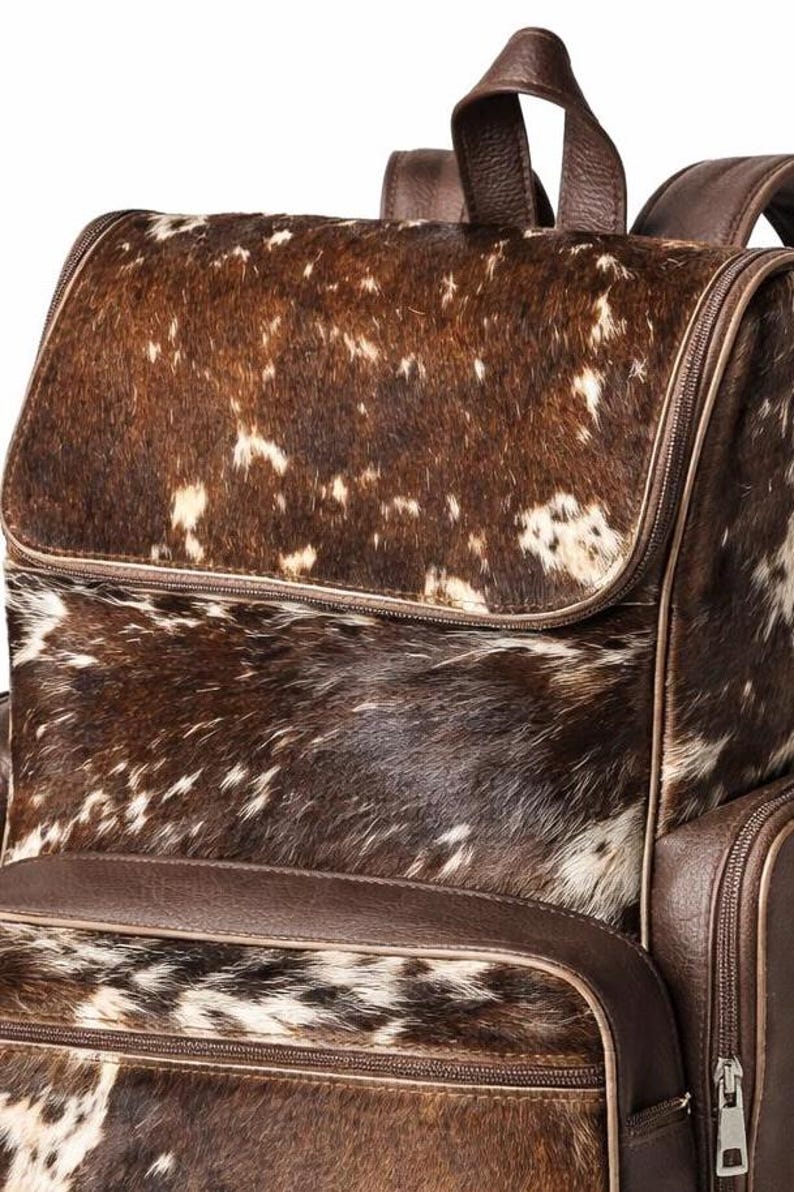 Handmade Genuine Cowhide Backpack | Brown & White Spotted Leather Backpack | Large Western Rucksack with Pockets. image 5