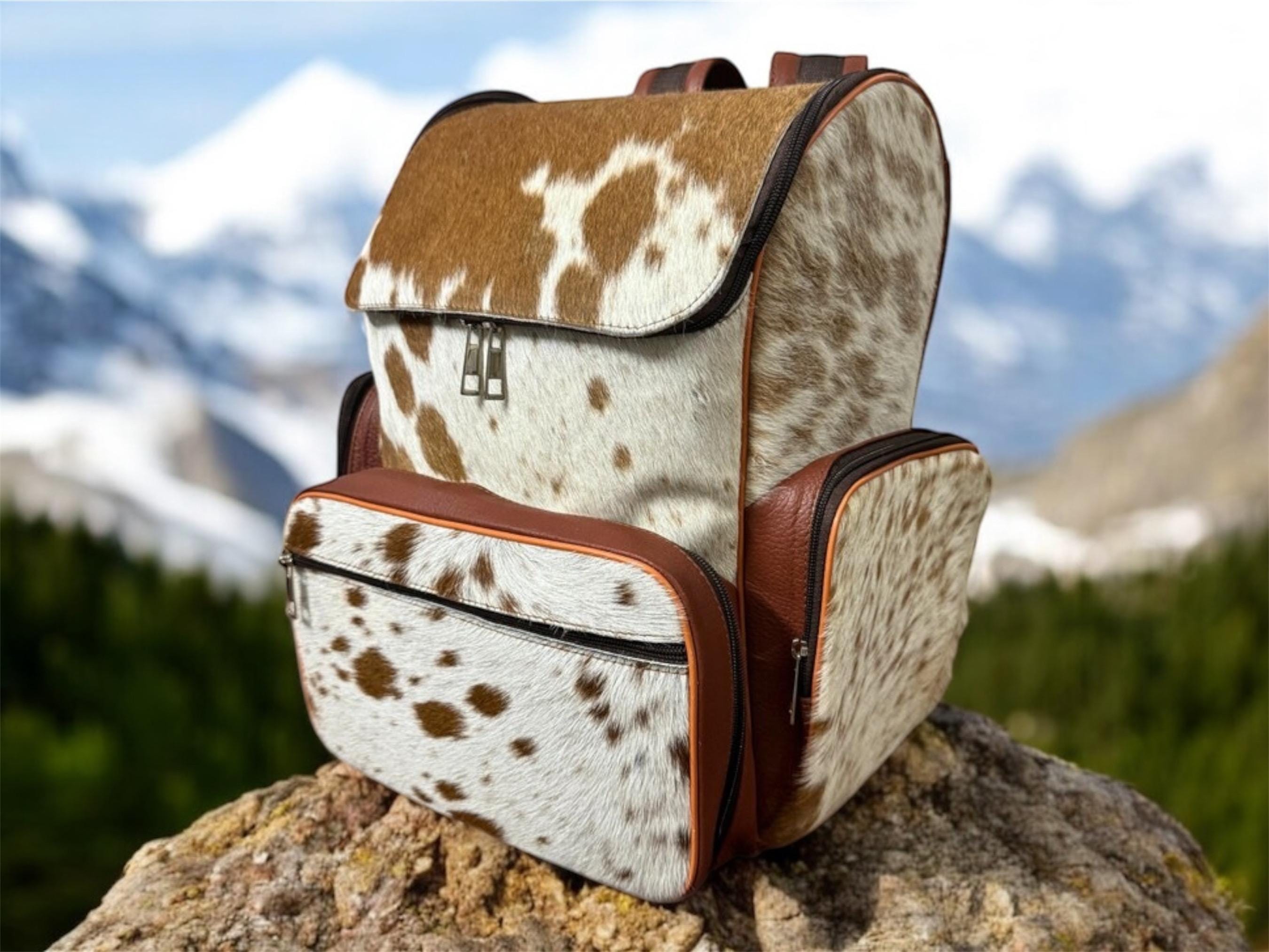 Authentic Hair-On Cowhide Leather Backpack Rustic Western Travel Bag Made in USA Rafter T Hair on Hide Leather Backpack – Josey Western Store main image 2