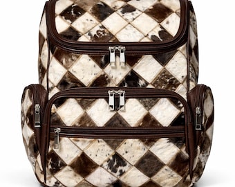 Handmade Cowhide Hairon Backpack | Diamond Patchwork Leather Rucksack.