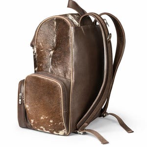 Handmade Genuine Cowhide Backpack | Brown & White Spotted Leather Backpack | Large Western Rucksack with Pockets. image 2