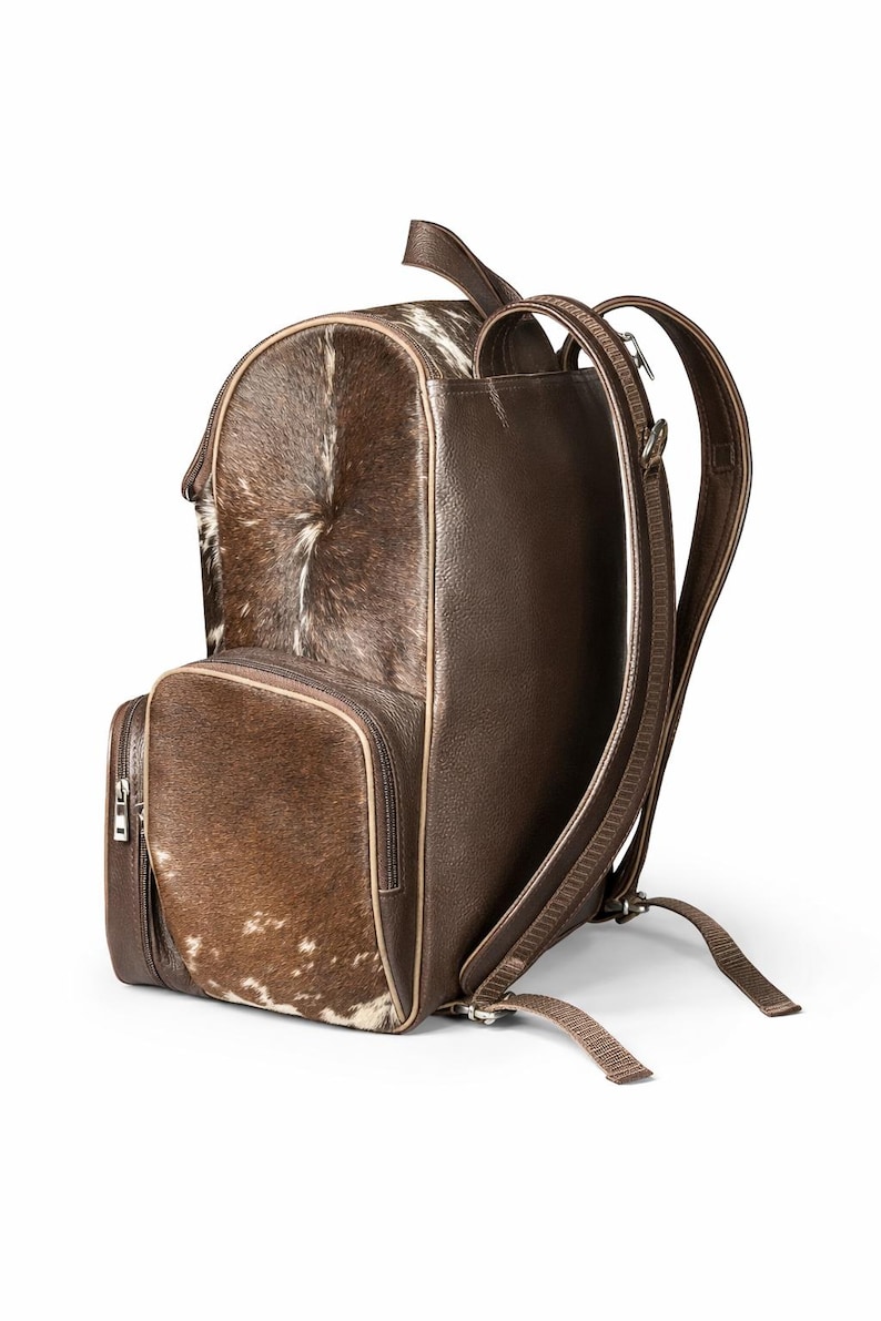 Handmade Genuine Cowhide Backpack | Brown & White Spotted Leather Backpack | Large Western Rucksack with Pockets. image 2