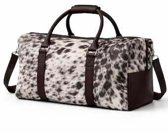 HairOn Cowhide Brown and white Duffle Bag | Handmade Leather Weekender