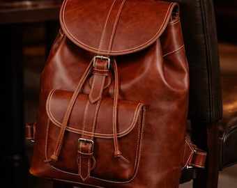 Handmade Brown Leather Backpack for Women & Men - Full Grain Leather Rucksack - Vintage Travel Bag - Laptop Backpack - White Contrast Stitch