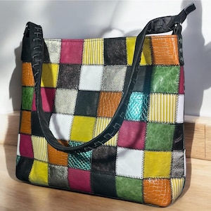 Western Style Kuh Leder Damen Einkaufstasche | Einzigartige Multicolour Patchwork Einkaufstasche , Handtasche | Rustikale Ledertasche im Boho Style.