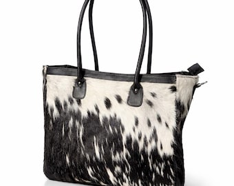 Spotted Cowhide Black and White Leather Tote Bag | Large Capacity Work Bag