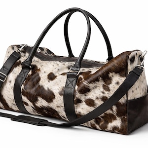 Bolsa de lona HairOn de piel de vaca marrón y blanca / Bolsa de fin de semana de cuero hecha a mano
