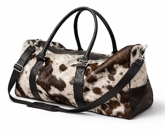 HairOn Cowhide Brown and white Duffle Bag | Handmade Leather Weekender