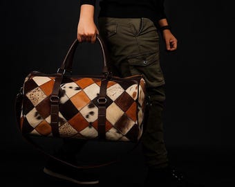 Rustic Cowhide Duffle Bag: Hair-on Leather Patchwork Travel Bag