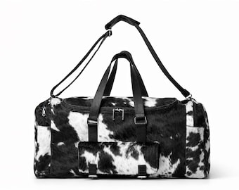 Black and White Cowhide Duffle Bag | Genuine Leather Western Travel Weekender (22 Inch)