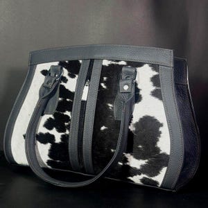 Western Style Kuh Hairon Leder Damen Einkaufstasche | Einzigartige Black & White Tote Bag , Handtasche | Rustikale Ledertasche im Boho Style.