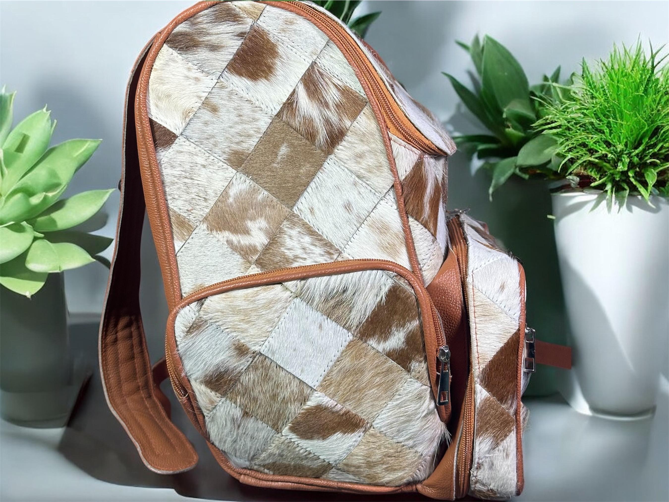 Authentic Hair-On Cowhide Leather Backpack Rustic Western Travel Bag Made in USA Western-inspired cowhide leather backpack with turquoise  main image 2