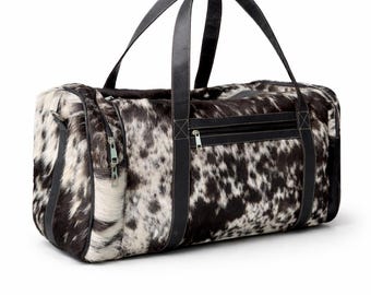 Black White Cowhide Duffle Bag | Genuine Leather Western Travel Weekender (22 Inch)