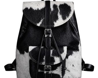 Handmade Tan & White Cow Hairon Leather Backpack | Rustic Chic Unique Everyday Use Bag.