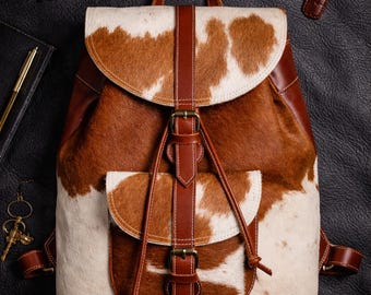 Handmade Tan & White Cow Hairon Leather Backpack | Rustic Chic Unique Everyday Use Bag.