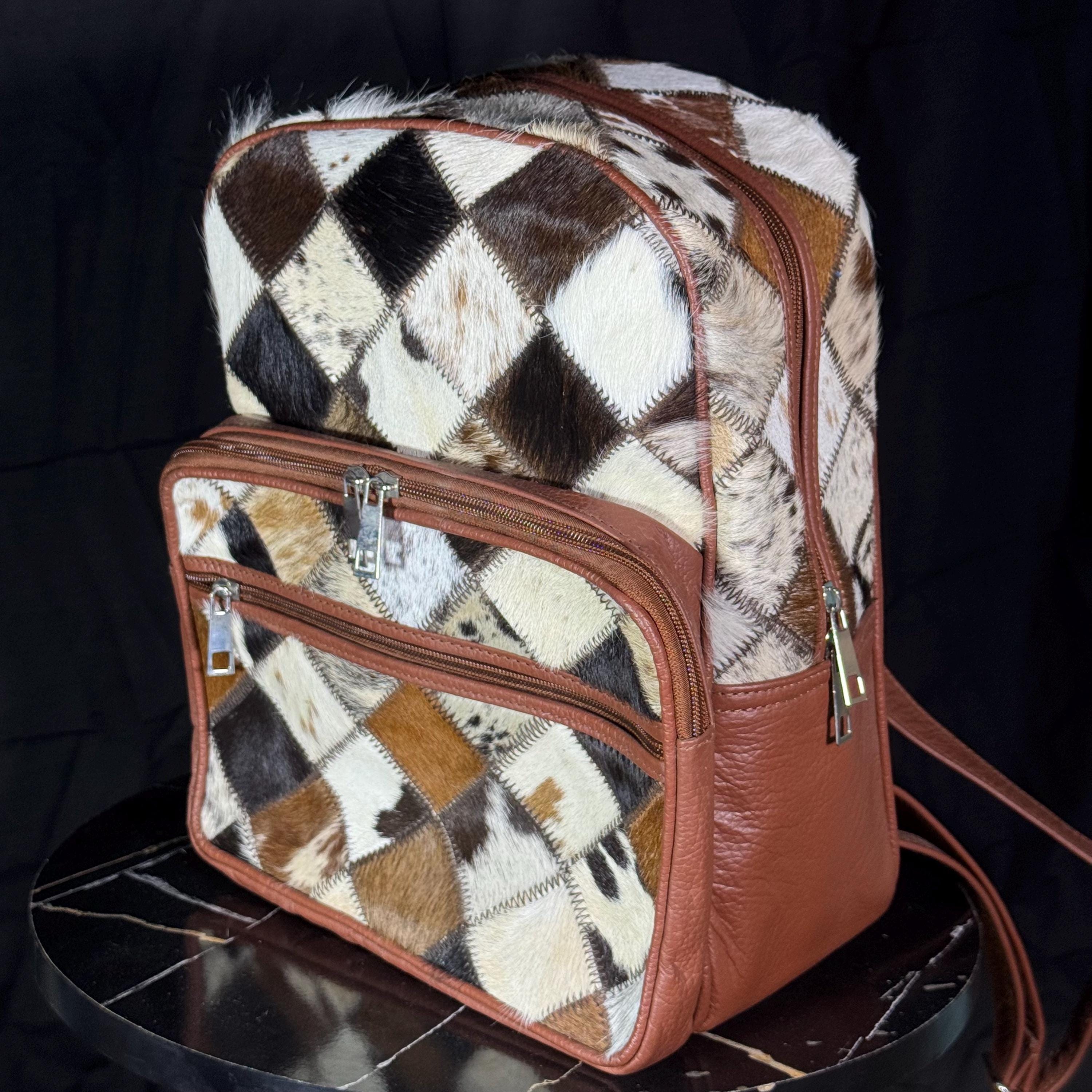 Cream and Brown Genuine Cowhide Leather Western Backpack with Rustic Charm TR185-9110 Trinity Ranch Genuine Hair-On Cowhide Tooled  main image 3