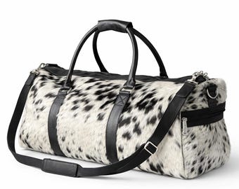 HairOn Cowhide Black and White Duffle Bag | Handmade Leather Weekender