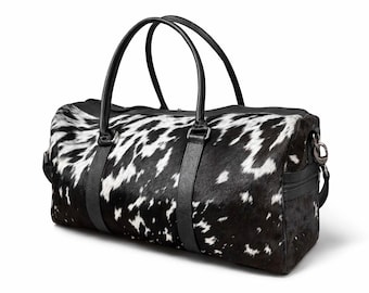 HairOn Cowhide Black and White Duffle Bag | Handmade Leather Weekender