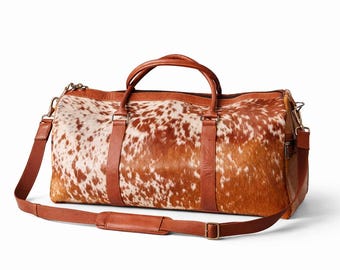 HairOn Cowhide Tan and white Duffle Bag | Handmade Leather Weekender
