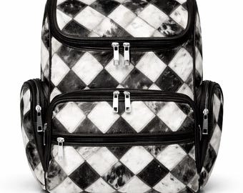 Handmade Cowhide Hairon Backpack | Diamond Patchwork Leather Rucksack.