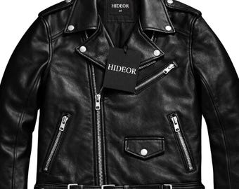 HIDEOR Classic Black Leather Biker Jacket |Premium Minimal Design