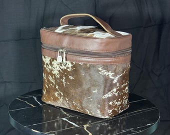 Handmade Cowhide Makeup Bag, Cosmetic Bag | Brown & White Leather Western Style Vanity Box
