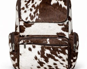 Handmade Genuine Cowhide Backpack | Brown & White Spotted Leather Backpack | Large Western Rucksack with Pockets.