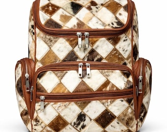 Handmade Cowhide Hairon Backpack | Diamond Patchwork Leather Rucksack.