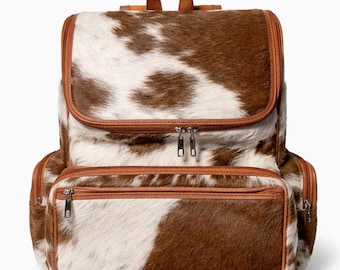 Handmade Genuine Cowhide Backpack | Tan & White Spotted Leather Backpack | Large Western Rucksack with Pockets.