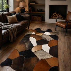 Hideor Handmade Cowhide Patchwork Rug | Genuine HairOn Cowhide Leather Area Rug | Western Farmhouse Rug | Luxury Living Room Decor