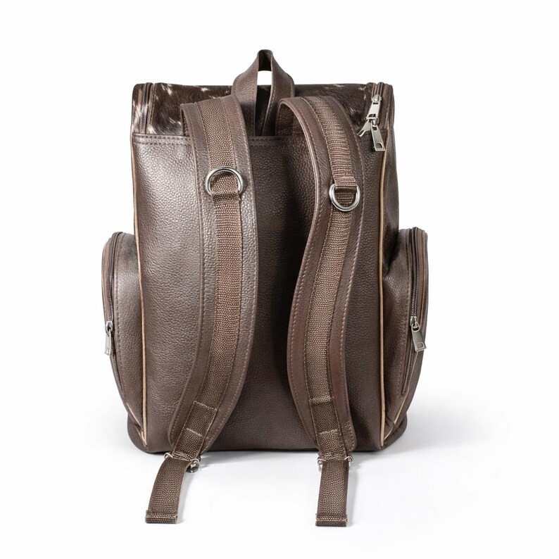Handmade Genuine Cowhide Backpack | Brown & White Spotted Leather Backpack | Large Western Rucksack with Pockets. image 4
