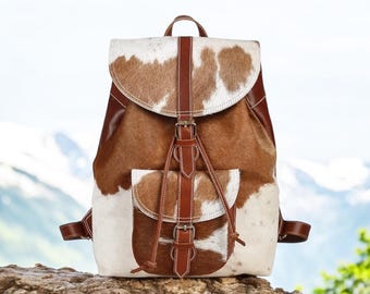 Handmade Cowhide Hair-on Leather Backpack, Luxury Laptop Bag  display picture 3