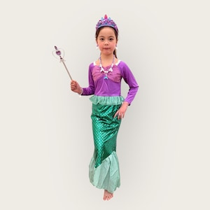 Girls little Mermaid Costume Long Sleeve Purple Green Dress Up Outfit for Birthday Halloween Party Accessories pearl wand tiara Ariel Disney
