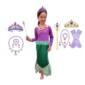 Girls little Mermaid Costume Long Sleeve Purple Green Dress Up Outfit for Birthday Halloween Party Accessories pearl wand tiara Ariel Disney