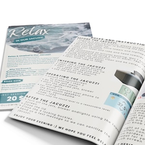 May include: A brochure with instructions on how to use a jacuzzi. The brochure has a blue and white color scheme and features the text "Relax in our Jacuzzi".