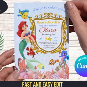 Faire-part d'anniversaire modifiable de la petite sirène Ariel, carte d'invitation de fête d'invitation de petite sirène, princesse de sirène d'invitation de fête | TÉLÉCHARGEMENT IMMÉDIAT
