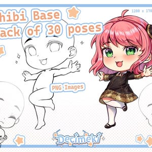 Puede incluir: Una ilustración digital de una base de personaje chibi con 30 poses. La base es un dibujo de línea de un personaje chibi en una variedad de poses. La ilustración es en blanco y negro. El texto "Chibi Base Pack of 30 poses" está en la parte superior de la imagen. El texto "PNG Images" está en el medio de la imagen. El texto "Decimeki" está en la parte inferior de la imagen.