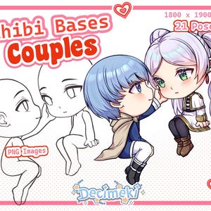 Może przedstawiać: Cyfrowa grafika przedstawiająca bazy par chibi. Obraz zawiera tytuł "Chibi Bases Couples" w kolorze czerwonym i różowym. Zawiera dwie gotowe pary chibi i dwa rysunki liniowe par chibi. Tekst "PNG Images" jest również zawarty.