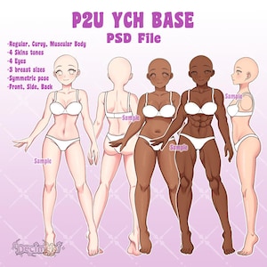 Peut inclure: Illustration numérique d'un fichier PSD P2U YCH BASE. L'image présente plusieurs figures féminines en lingerie blanche, présentant différents types de corps et tons de peau. Le texte détaille les caractéristiques telles que les types de corps, les tons de peau, le nombre d'yeux, les tailles de poitrine et la pose.