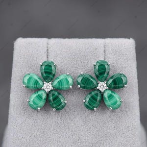 Natural Rare Malachite Gemstone Studs 925 Sterling Silver Flower Design Studs.