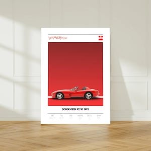 Puede incluir: Póster de un Dodge Viper RT/10 rojo de 1992. El coche es un descapotable con un diseño elegante, sobre un fondo degradado rojo. El póster incluye el nombre del modelo y el logotipo de Dodge.