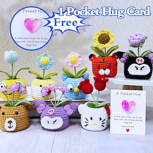 Peut inclure: Plusieurs pots de fleurs en crochet faits à la main, chacun représentant un animal différent, comme un ours ou un tigre, et contenant une fleur en crochet. L'image comprend une carte avec l'inscription "A Pocket Hug".