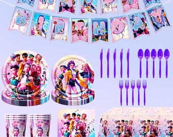 Set de decoración para fiesta de cumpleaños K*op, adorno para tarta, fondo, globos, platos, servilletas, cubiertos, mantel, espirales, fiesta infantil K*op, fiesta temática de cosplay